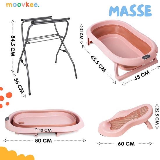 moovkee. Babybad met Standaard 80 cm - Opvouwbare Babybadewanne Donkerroze met Thermometer, Badesitz en Afvoersysteem - Veilig Babybad voor Pasgeborenen — afbeelding 5