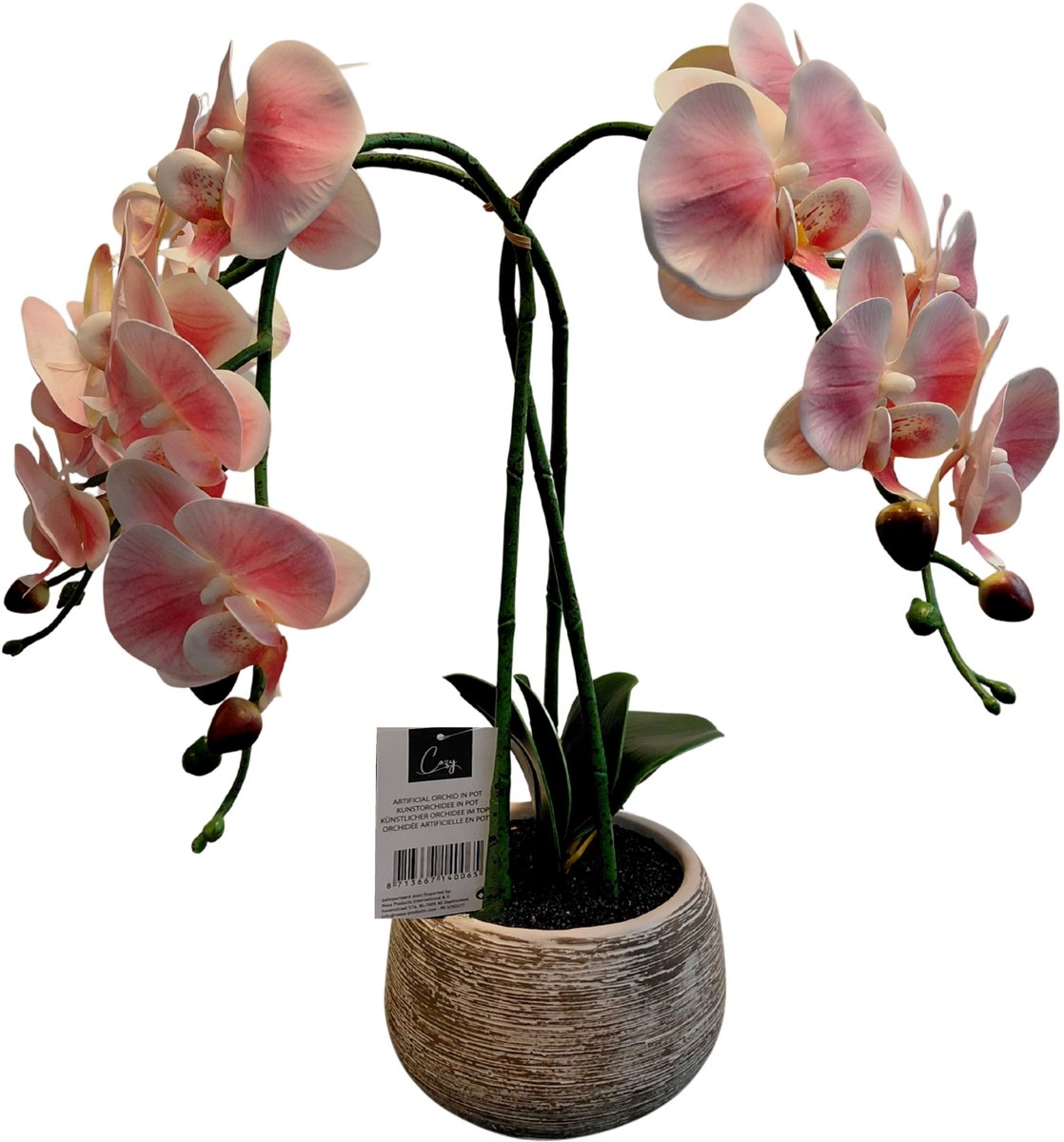 Cozy Maison Kunst-Orchidee in Pot – Roze – 40 cm – Realistische Bloemen – Onderhoudsvrije Kamerplant – Cementen Pot