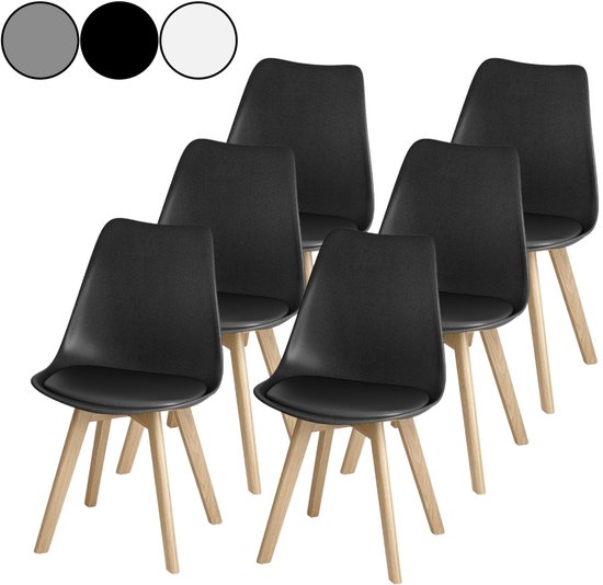 Ensemble de six chaises de salle à manger noires sur pieds en bois clair