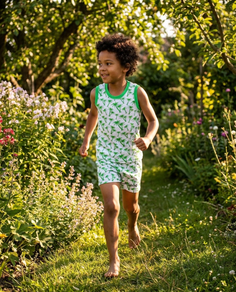 Ducksday - short - pyjama short - elastische taille - stretch - katoen - unisex - Groen - Palmboom - Equator - 2 jaar - 86/92