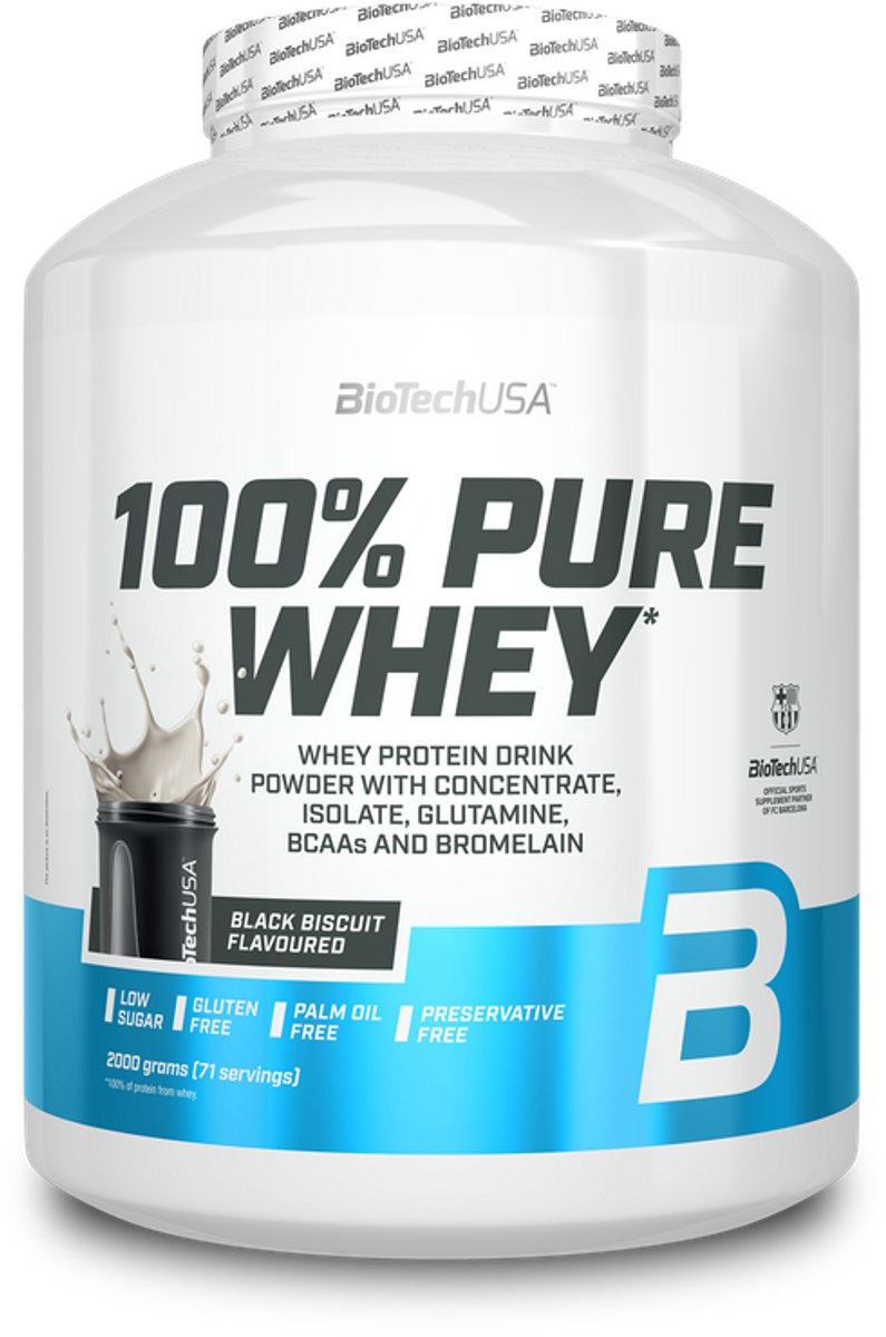 BioTechUSA 100% Pure Whey | Eiwitpoeder met BCAA en Glutamine | Glutenvrij, Palmolievrij | 21g Eiwit per portie, 2 kg, Zwart Biscuit