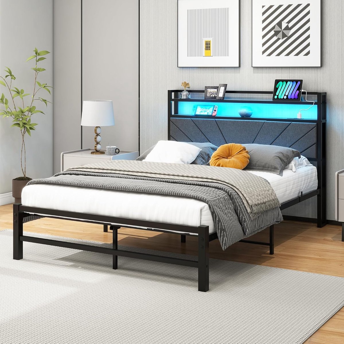 Luxe LED Gestoffeerd Bedframe met Opbergruimte en Oplaadstation 120 x 200 cm – Modern Metalen Tweepersoonsbed met Hoofdbord, RGB Verlichting, Lade en USB Poorten, Donkergrijs
