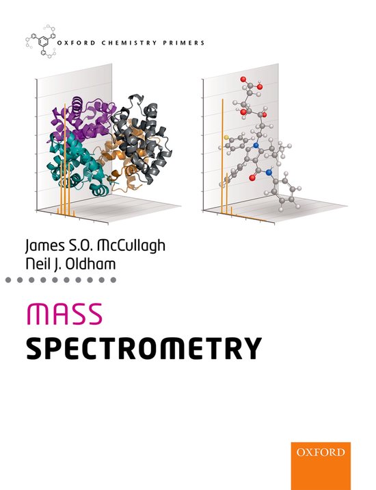 Boek 'Mass Spectrometry' met moleculaire structuren in paars, grijs en cyaan, en een gedetailleerde weergave van atomen en bindingen.