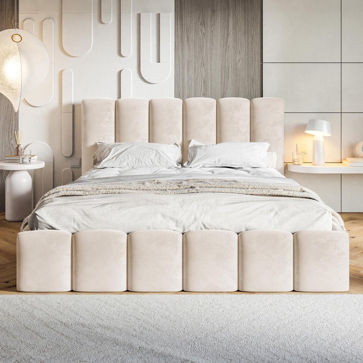 Luxe Nunu Bubble Opbergbed 180x200 cm met Hoofdbord, Fluweel & Hydraulische Opbergruimte – Crème Beige