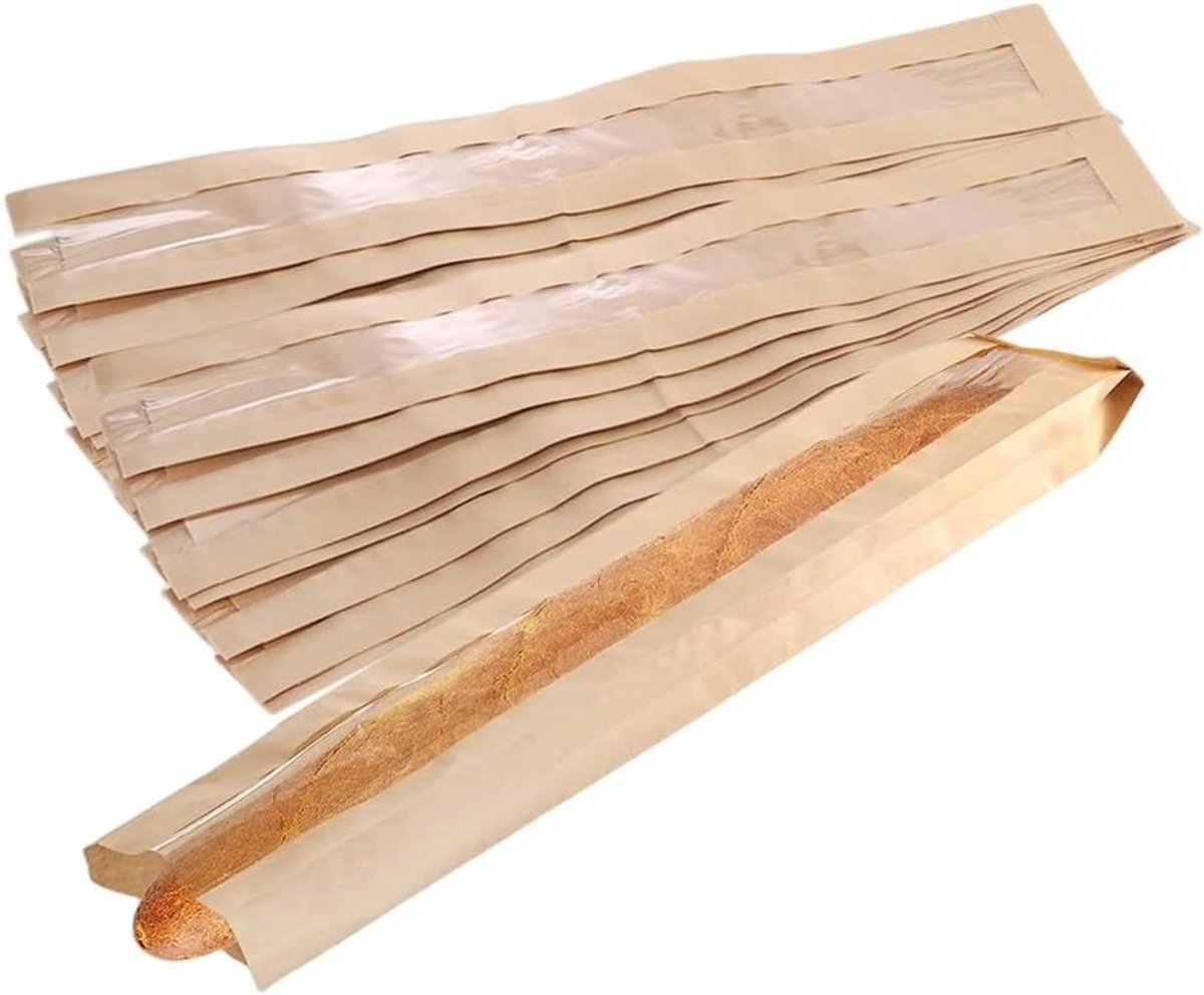 50 Stuks Papieren Broodzakken voor Baguettes 58.5cm x 10cm x 4cm - Ideaal voor Bakkerij, Verpakking en Opslag met Duidelijke Seal Stickers