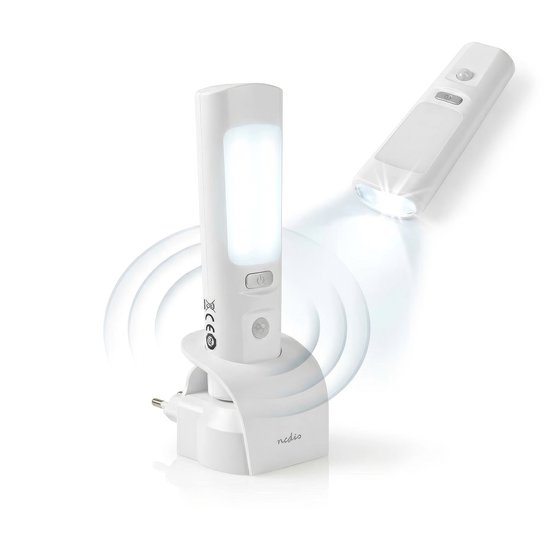 Witte Nedis LED-lamp op laadstation, geeft licht en straalt golven uit. Losse lamp schijnt als zaklamp.