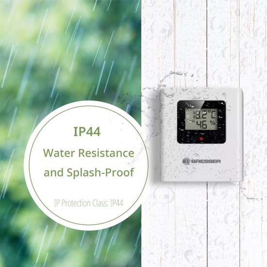 Witte Bresser thermometer met display, toont 18.2°C en 46%, omringd door waterdruppels.