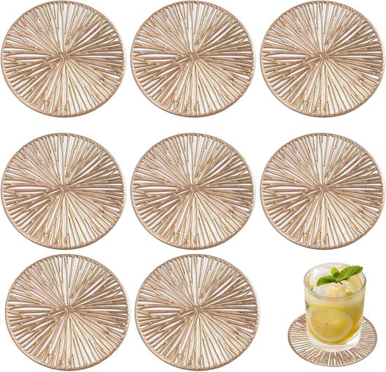 Set van 8 Ronde Onderzetters - Onderzettersset - Luxe onderzetters - Onderzetters Voor Glazen - Herbruikbaar en hittebestendig - Coasters - Anti Slip - Voor dranken, bar, kopjes, tafelonderzetters - Cadeau - D10 cm - Gound