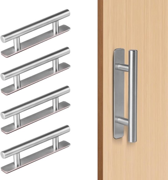 Set van 5 zilverkleurige RVS handgrepen, één geplaatst op een houten deur.