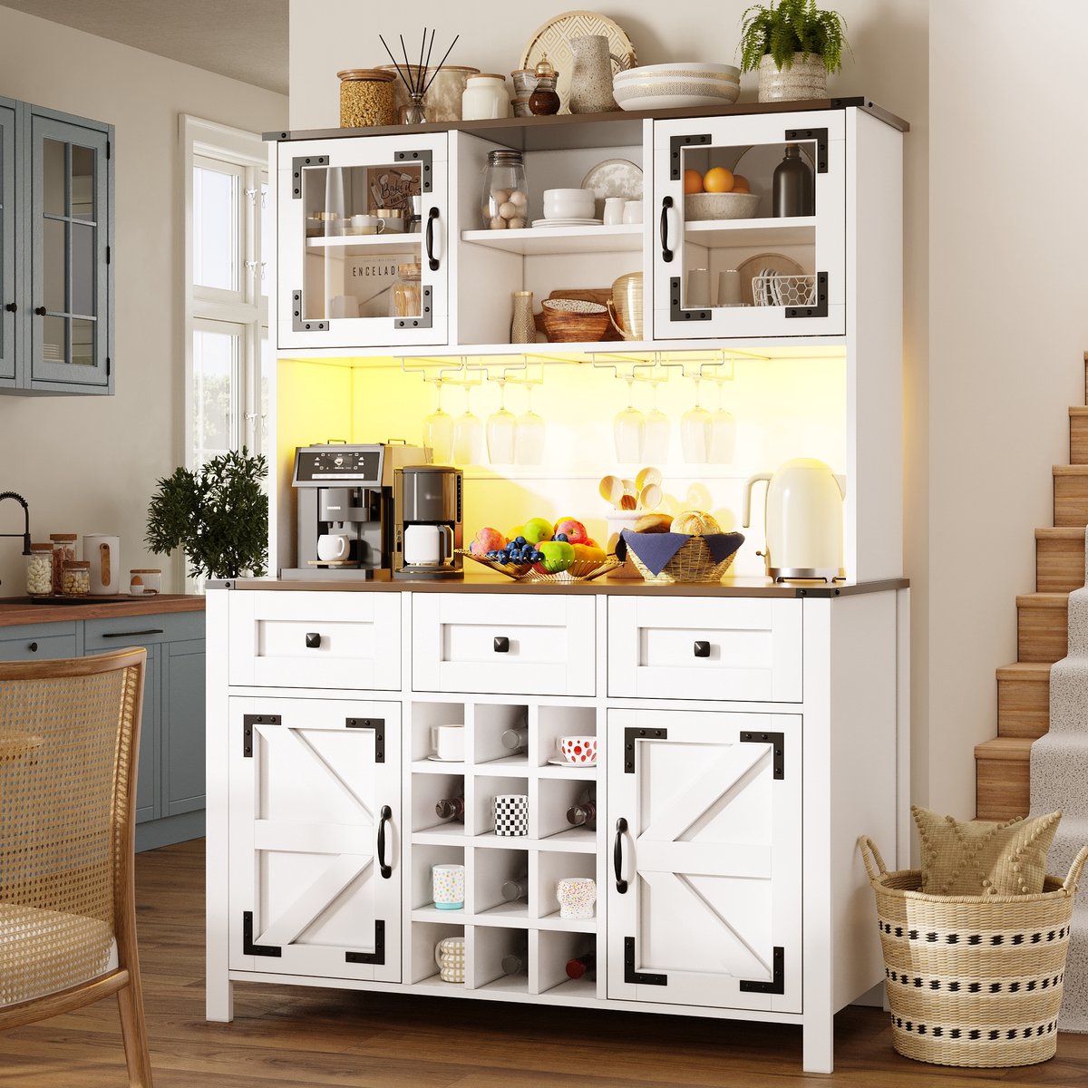 BLACKCOLORS Hoge keukenkast met USB-aansluitingen en stopcontacten, zijkast met 4 deuren & 3 lades, dressoir met LED-lichtstrip, keukenkast, opbergkast, dressoir, wit, 120×40×170 cm
