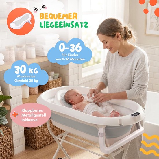 moovkee. Babybad met Standaard 80 cm - Opvouwbare Babybadewanne Grijs met Thermometer, Badesitz en Afvoersysteem - Veilig Babybad voor Pasgeborenen van Merkloos — afbeelding 4