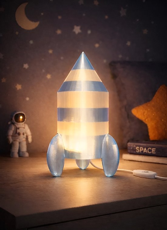 Rocket Nachtlampje voor Kinderen - LED Space Lamp - Zacht Warm Licht - Tafellamp Kinderkamer - Met Snoer & Schakelaar - Blauw/Wit — afbeelding 2