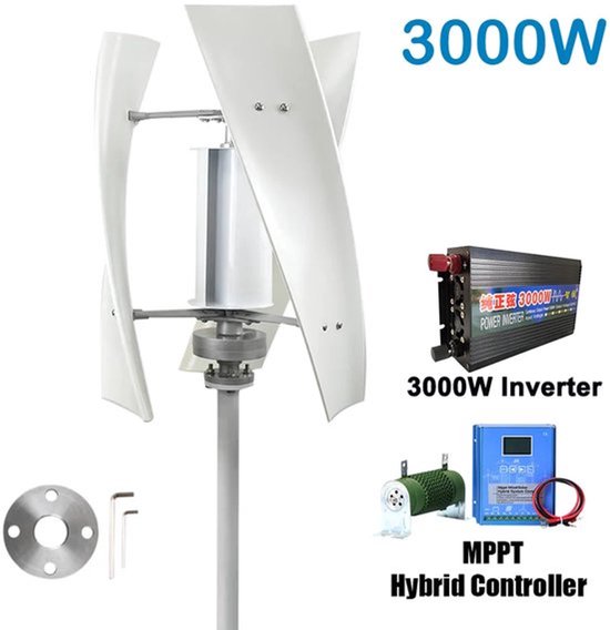 Witte verticale windturbine met drie bladen, naast een 3000W omvormer en een blauwe hybride MPPT-controller met display.