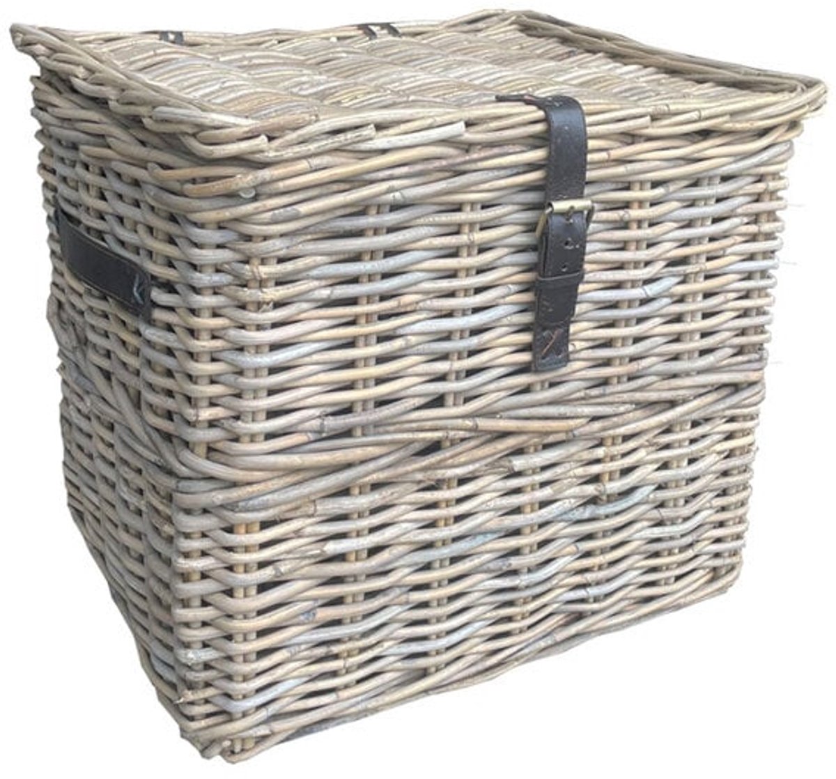 Rotan Opbergmand Lederen Riem - 50x42xH44 cm - Grey - Met Deksel