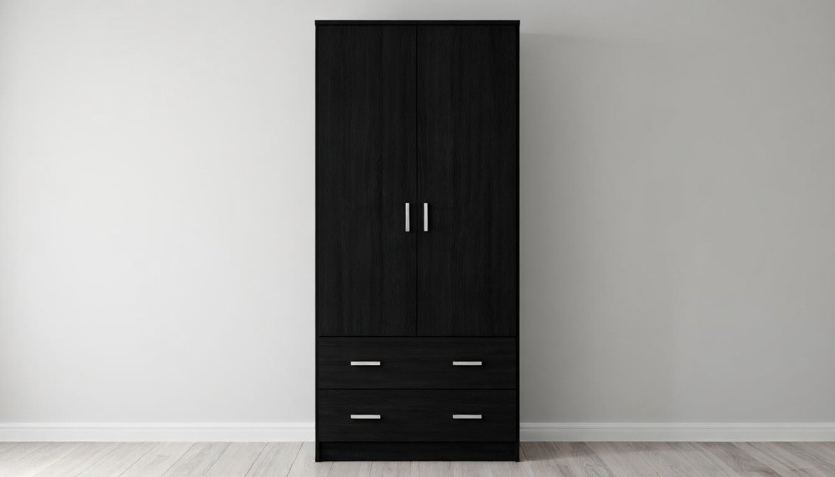 Kledingkast 2-deurs 80x52x180 cm Zwart – Moderne Garderobekast met Hanggedeelte & 2 Planken – Ruime Slaapkamerkast / Opbergkast – Lichtgewicht Design – abtkantoor