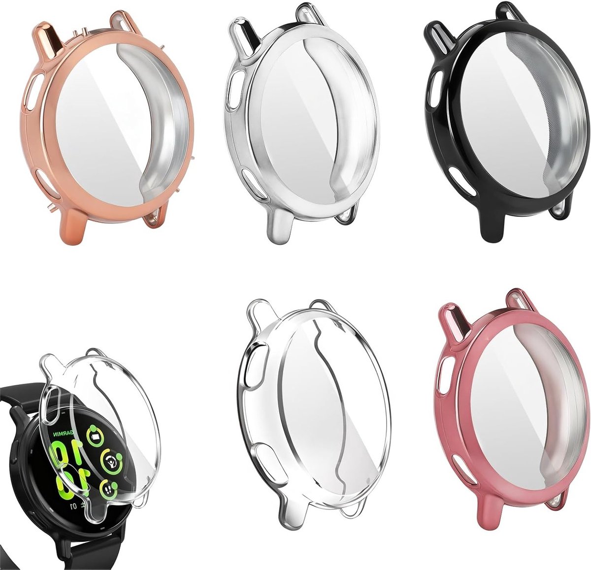 Set van 5 Beschermhoezen voor Garmin Vivoactive 5 - Ultra Dunne TPU, Krasbestendig en Transparant in Roze, Zilver, Zwart en Roségoud met Schoonmaakdoekje