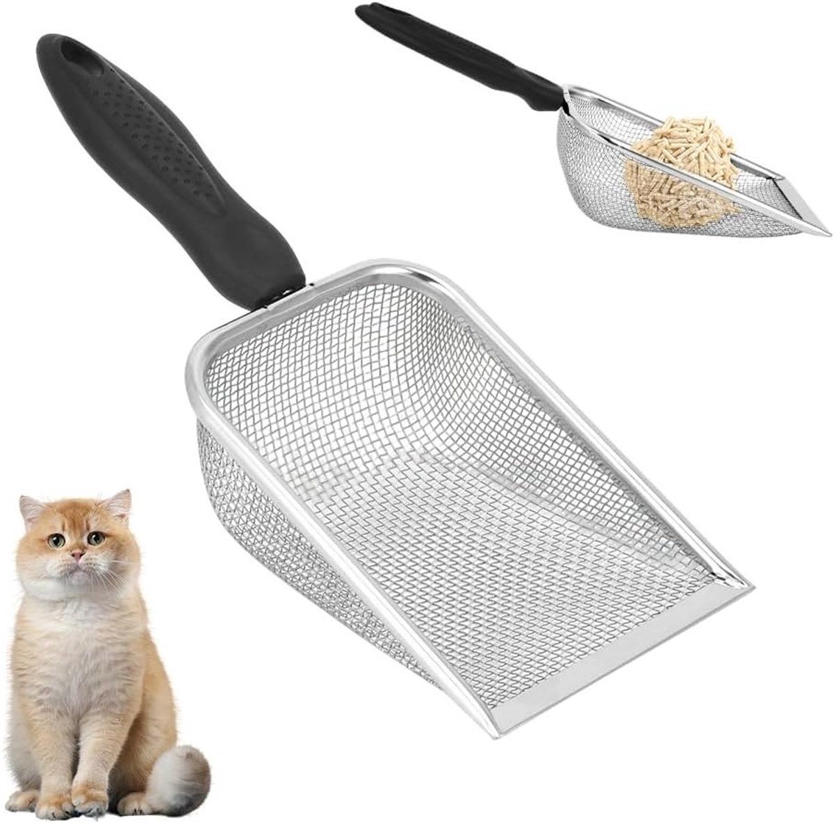 Roestvrijstalen Zeef met Comfortabele Grip voor Compost, Kattenbakvulling en Tuinaarde - 2 x 2 mm Mesh Zeef voor Thuisgebruik