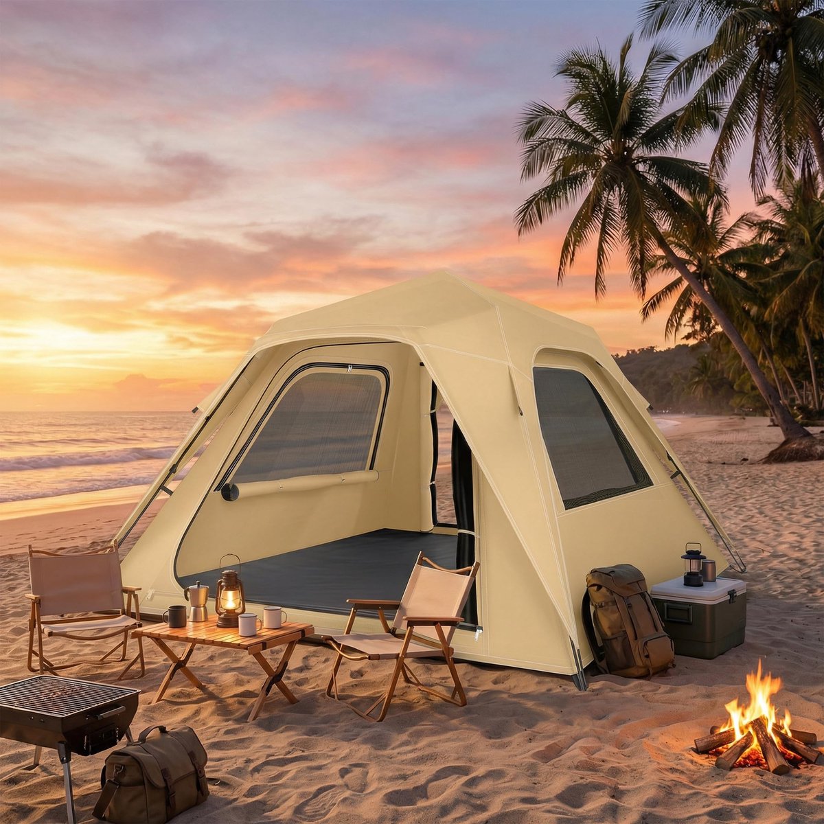 Familietent - 2-3Personen - Kampeertent - Camping Tent - Inclusief waterdichte regenhoes (3000 mm) en opbergtas - Snel Opzetbaa - Voor Camping & Outdoor - UV-bestendig - 240x240x160cm - Khaki – foto 7