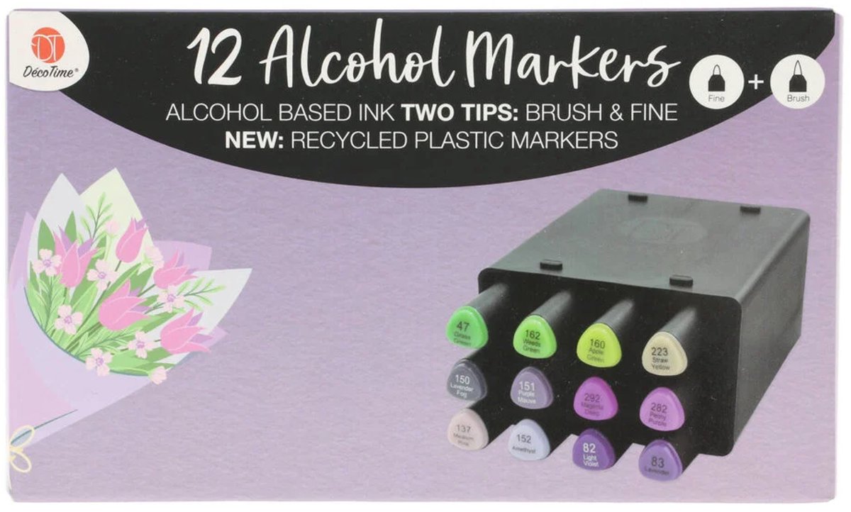 Alcohol Twinmarkers brush en fine - Paarse set - Professionele Twinmarkers - Decotime - 12 pieces - Alle kleuren - Hobby en Creatief Volwassenen - Alcohol Markers - Twin Markers
