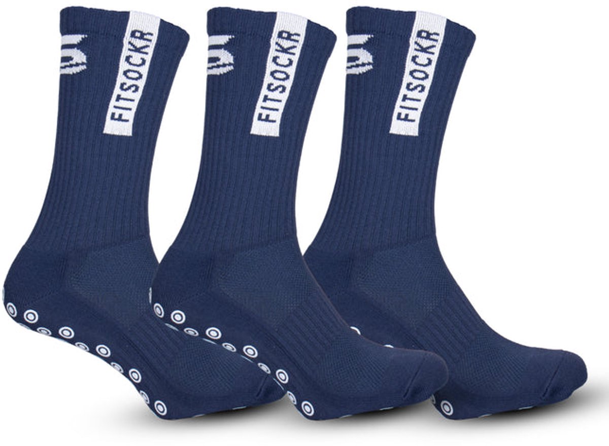 FitSockr Gripsokken Voetbal 3 Paar - Sportsokken - Voetbalsokken - Padel sokken - Antislip Sokken Heren/Dames/Kind - Donkerblauw - Maat 38-43