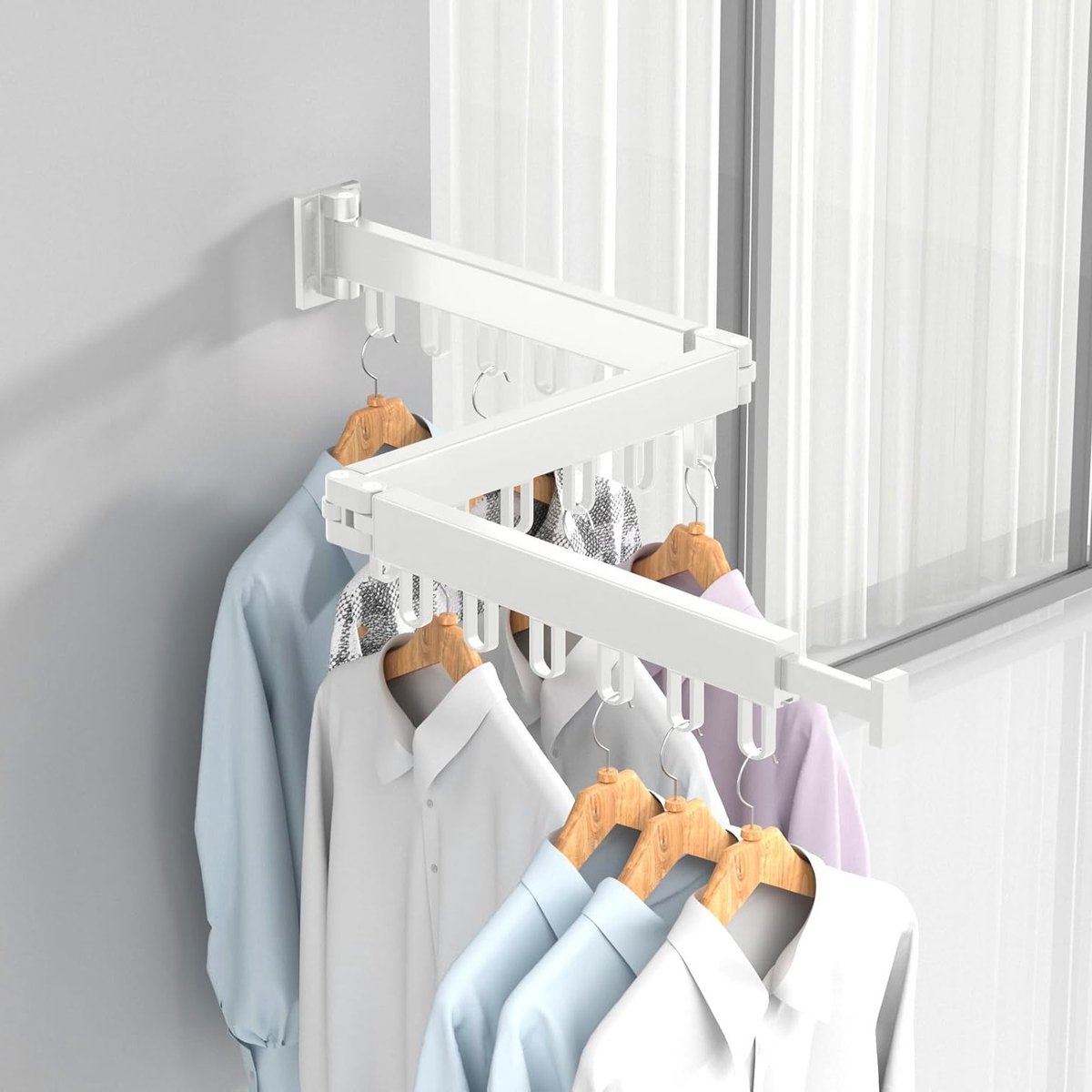 Vouwbaar Wanddroogrek met Haken - Sterke Kledingdroger voor Binnen en Buiten, Ruimtebesparend Droogrek voor Balkon, Badkamer en Slaapkamer (Wit, 3-voudig)