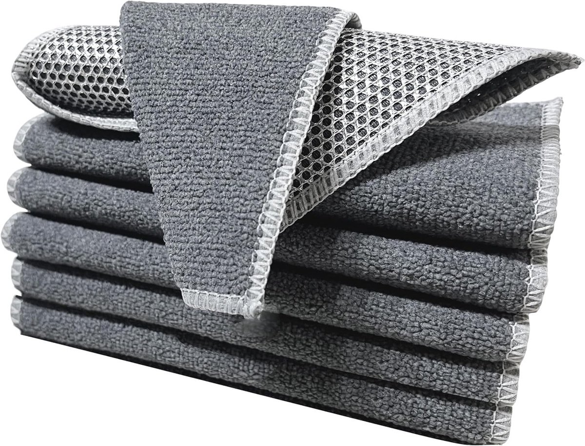 Set van 6 wasbare dubbelzijdige zilvervezel vaatdoeken, ideaal voor keuken en afwas, 20 x 20 cm met haken