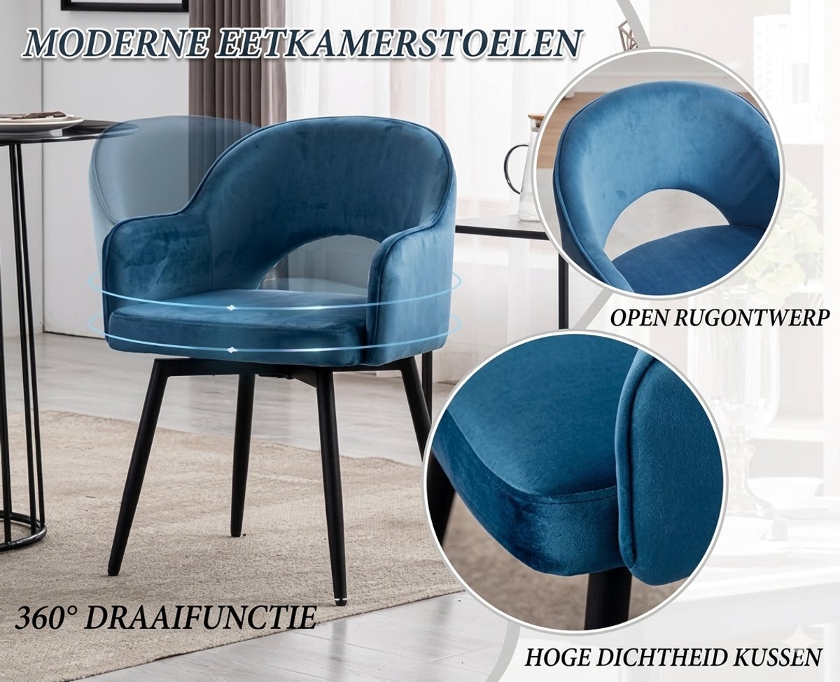 Draaibare Eetkamerstoelen Set van 2 - Fluwelen Kuipstoel met Armleuning - Velvet Keukenstoelen - 53x57x78 cm - Blauw - Laura