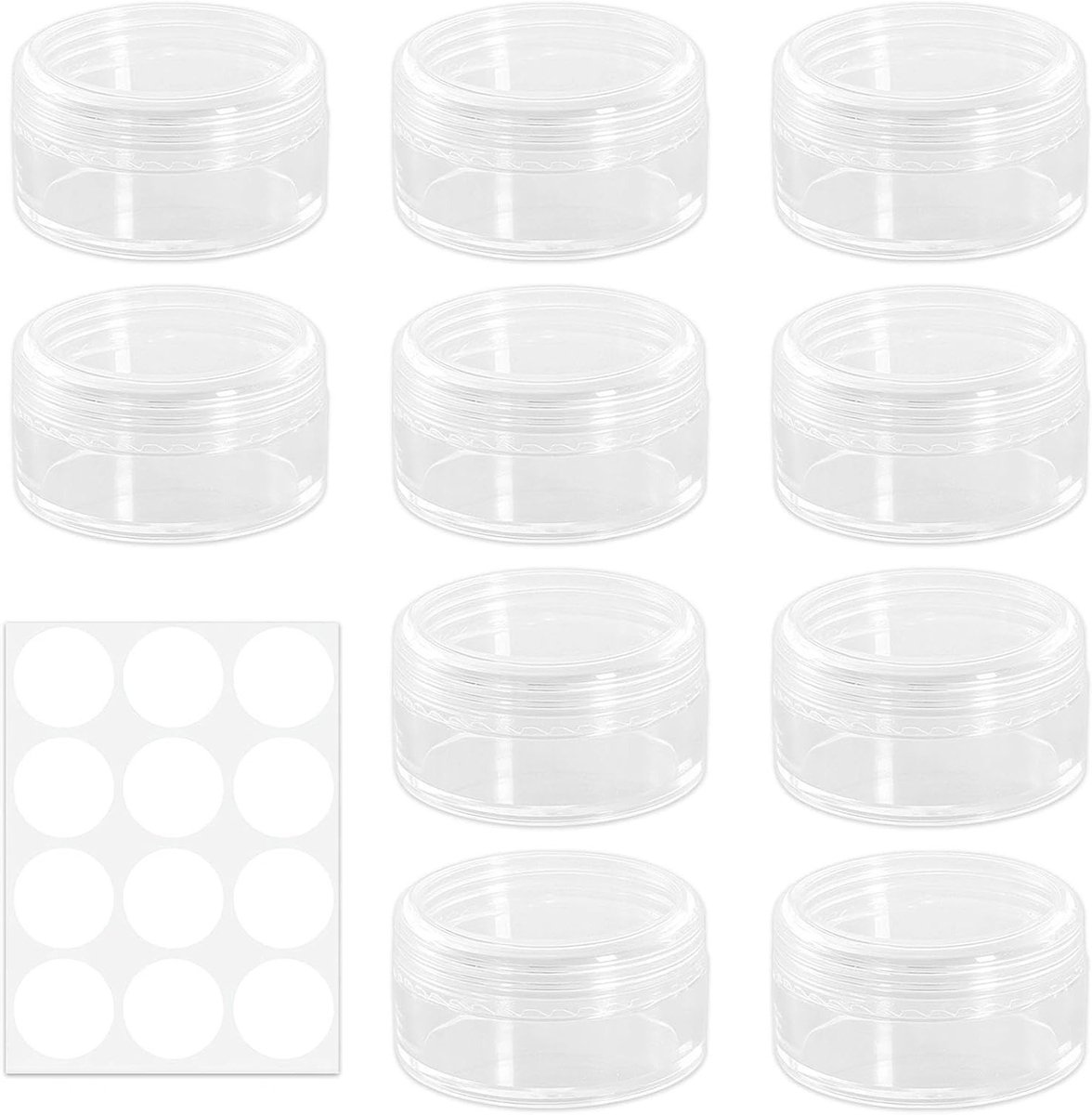 Kleine transparante potjes van 10 ml met deksel, ideaal voor reizen, cosmetica, nagelkunst en monsters, inclusief 12 labels