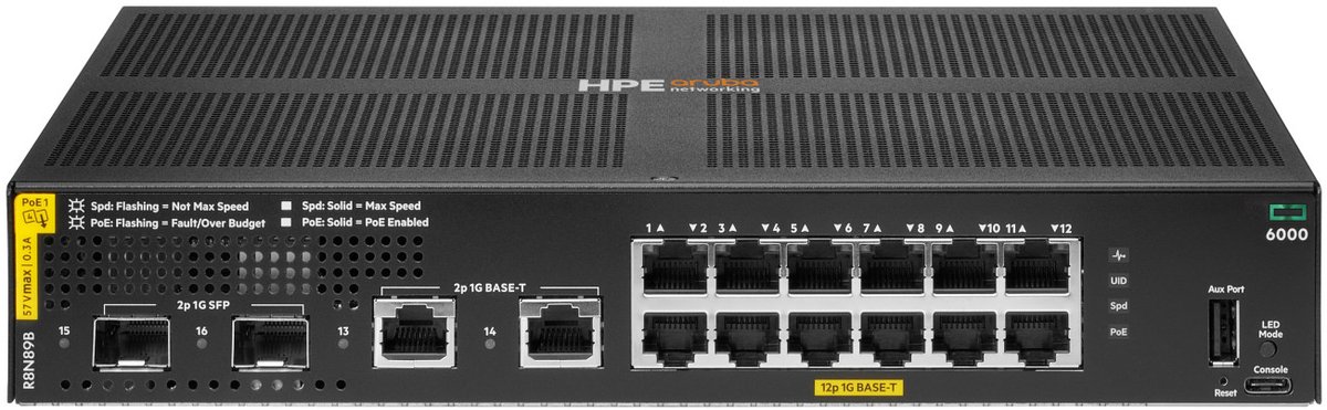 HPE Aruba Networking CX 6000 12p 10M/100M/1G Class4 PoE 2p SFP 1G 139W Switch Managed L3 Gigabit Ethernet (10/100/1000) Power over Ethernet (PoE) 1U