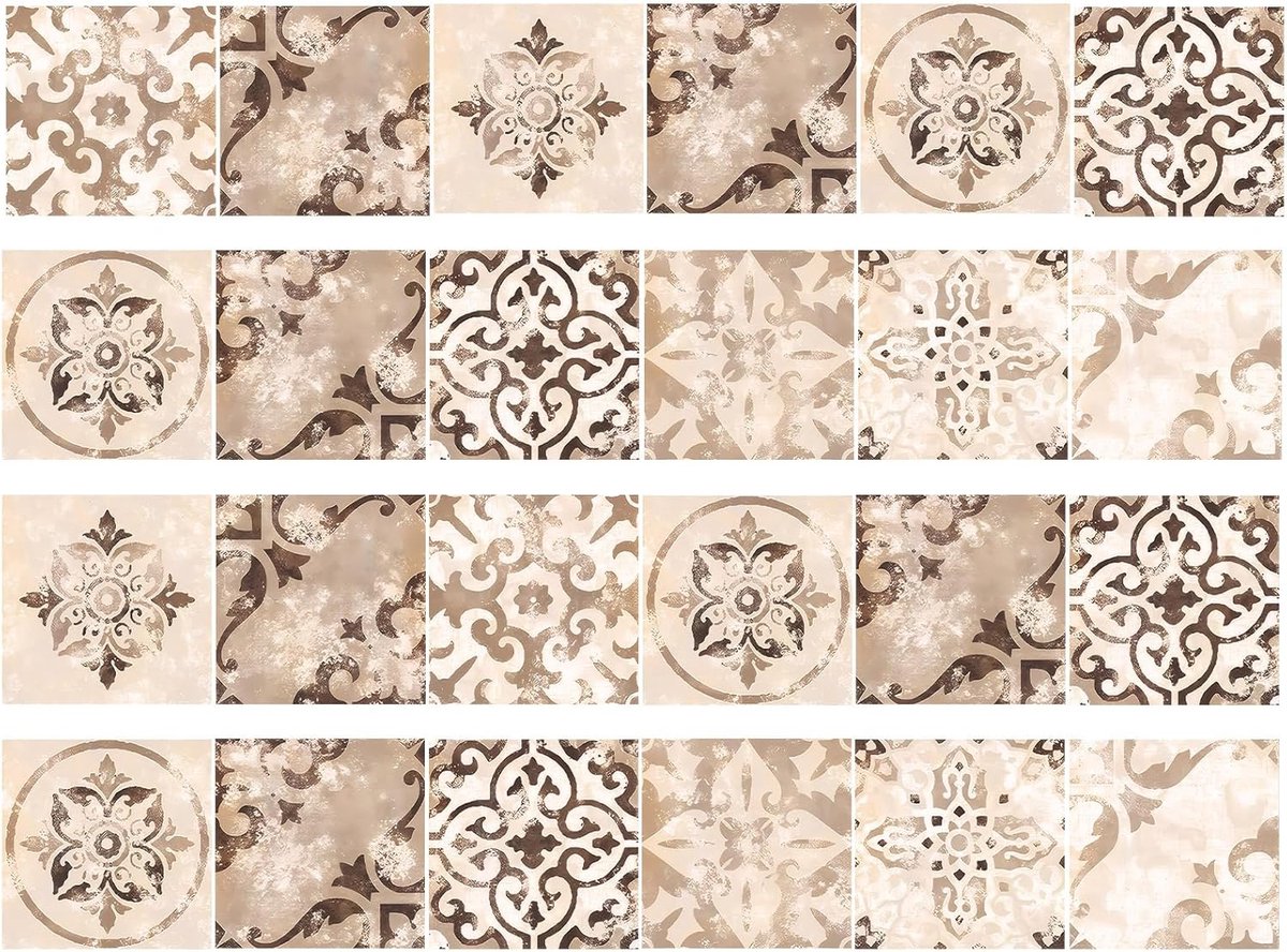 DIY Wandsticker Set - 24 Decoratieve Behang Marokkaanse Tegels - Foto Behang, Beige, 10 x 10 cm