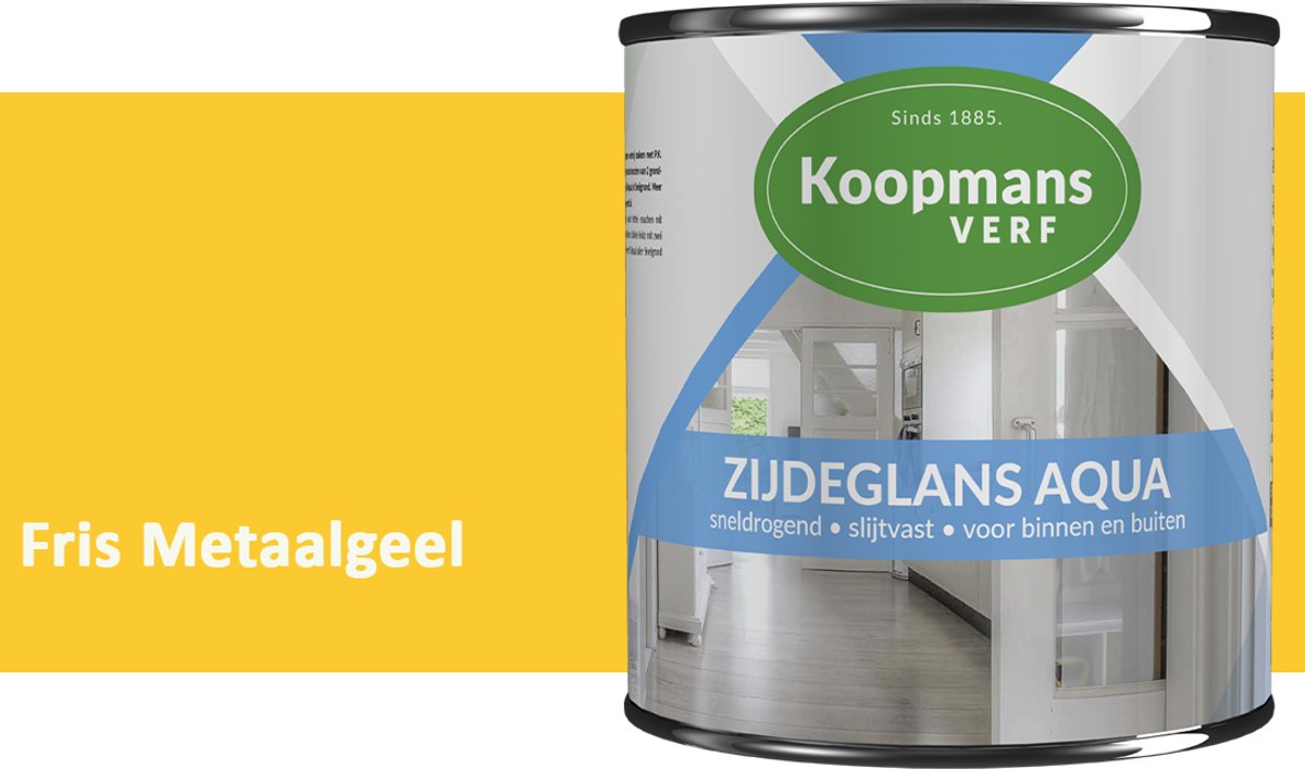 Koopmans Zijdeglans Aqua Lakverf – Zijdeglans houtlak voor kozijnen, deuren en meubels – Binnen & buiten – Watergedragen en sneldrogend – Fris Metaalgeel – 750 ml