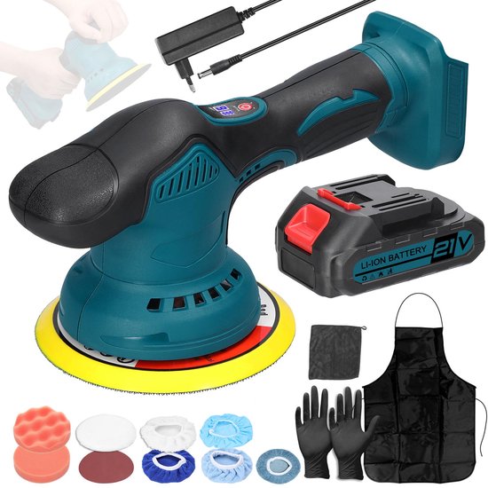 Turquoise en zwarte excentrische poetsmachine met accessoires: accus, lader, handschoenen, poetskappen en schuurschijven.