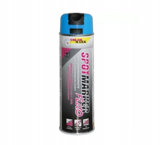 Spuitbus met blauwe dop en label met 'SPOTMARKER FLUO' in het roze.