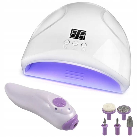 Witte UV-nagellamp met digitale timer, paarse nagelfrees en vijf paarse opzetstukken.