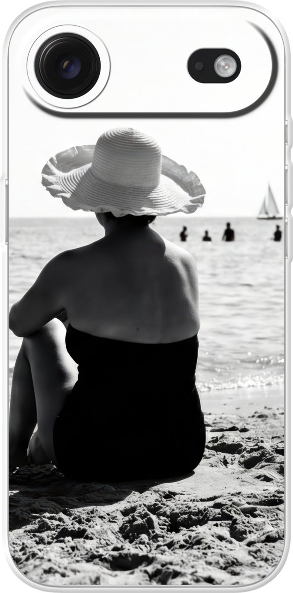 Telefoonhoesje Geschikt voor iPhone Air hoesje - Vrouwen - Zonnehoed - Strand - Zwart - Wit - Siliconen Telefoonhoesje Telefoonhoesje