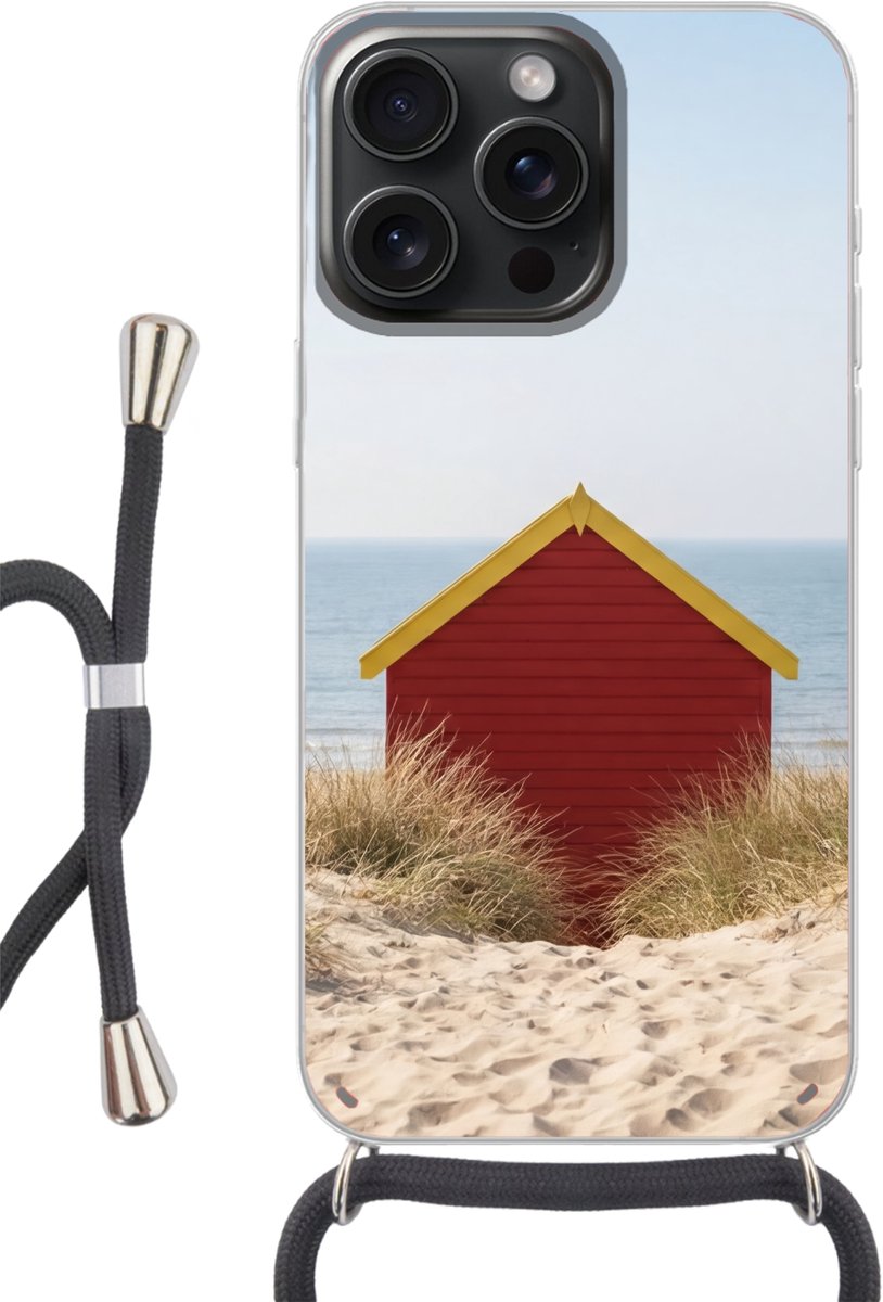 Telefoonhoesje Geschikt voor iPhone 15 Pro Max - Strand - Huisjes - Kleurrijk - Duinen - Siliconen - Crossbody - Backcover met Koord - Telefoonhoesje met koord - Hoesje met touw Telefoonhoesje