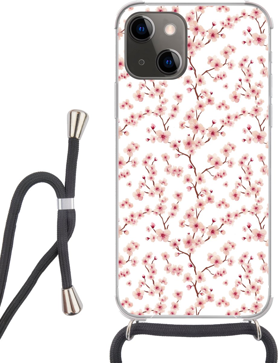 Telefoonhoesje Geschikt voor iPhone 13 - Kersenbloesem - Takken - Roze - Siliconen - Crossbody - Backcover met Koord - Telefoonhoesje met koord - Hoesje met touw Telefoonhoesje