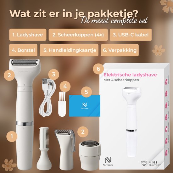 Nuvance Ladyshave - 4 Opzetstukken - Epileerapparaat Dames - Ladyshaves voor Vrouwen - Draadloze Wenkbrauw Trimmer - Waterdicht