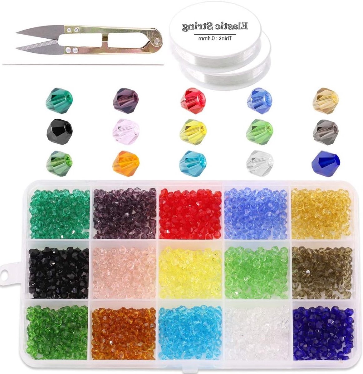 1800 Stuks 4mm Kristallen Bicone Kralen Set in 15 Kleuren voor DIY Sieraden, Armbanden en Kettingen met Elastisch Touw, Schaar en Naald