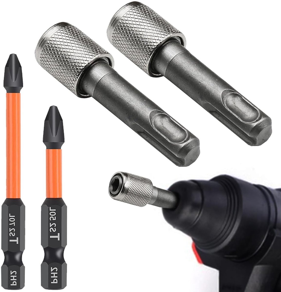 SDS Plus Adapter 6.35 mm voor Booraccessoires - 2 Stuks, Inclusief Bit Houder en 50 mm, 70 mm Borens, Hammer Adapter en Hex Shank Converter