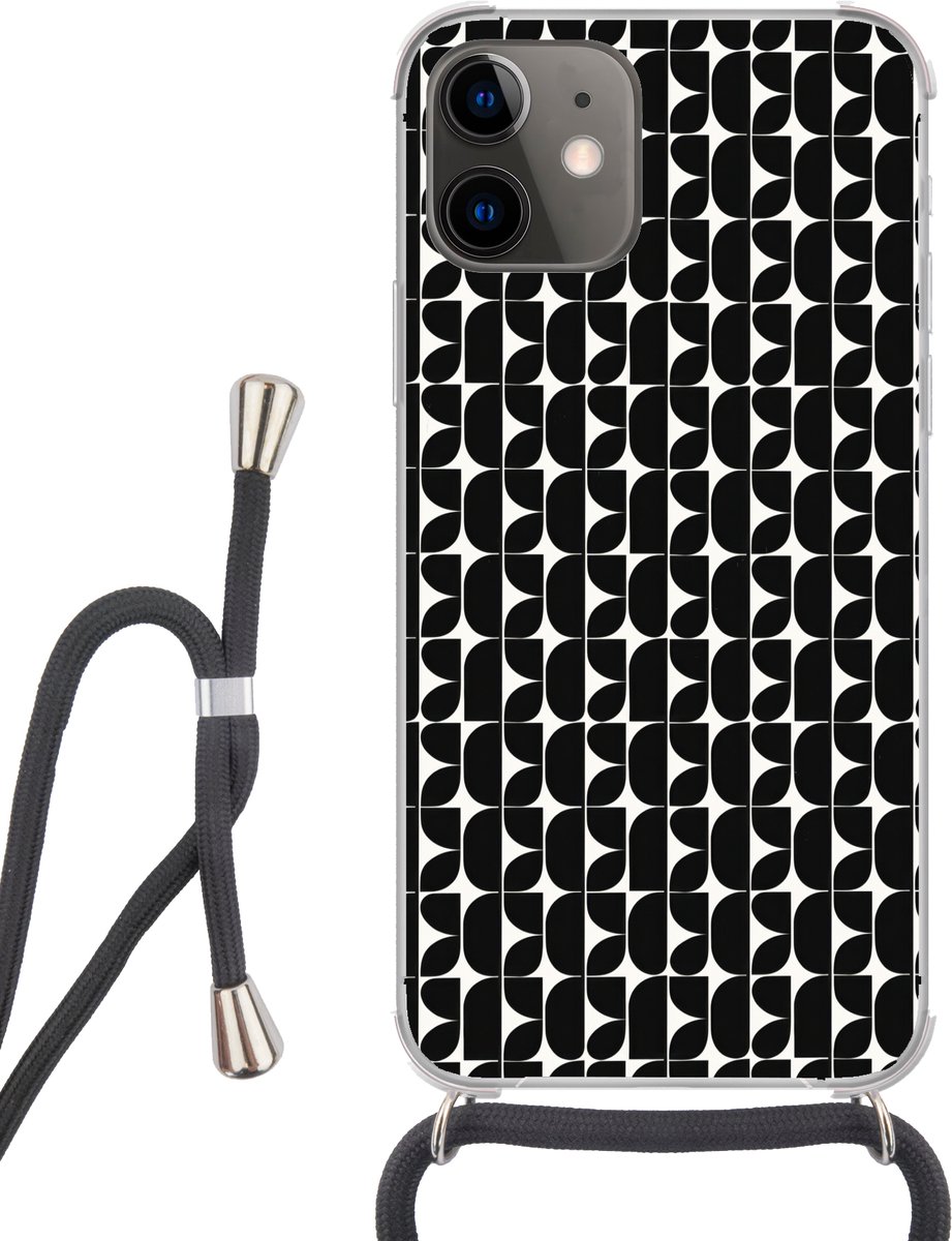 Telefoonhoesje Geschikt voor iPhone 12 Mini - Modern - Geometrisch - Zwart - Siliconen - Crossbody - Backcover met Koord - Telefoonhoesje met koord - Hoesje met touw Telefoonhoesje