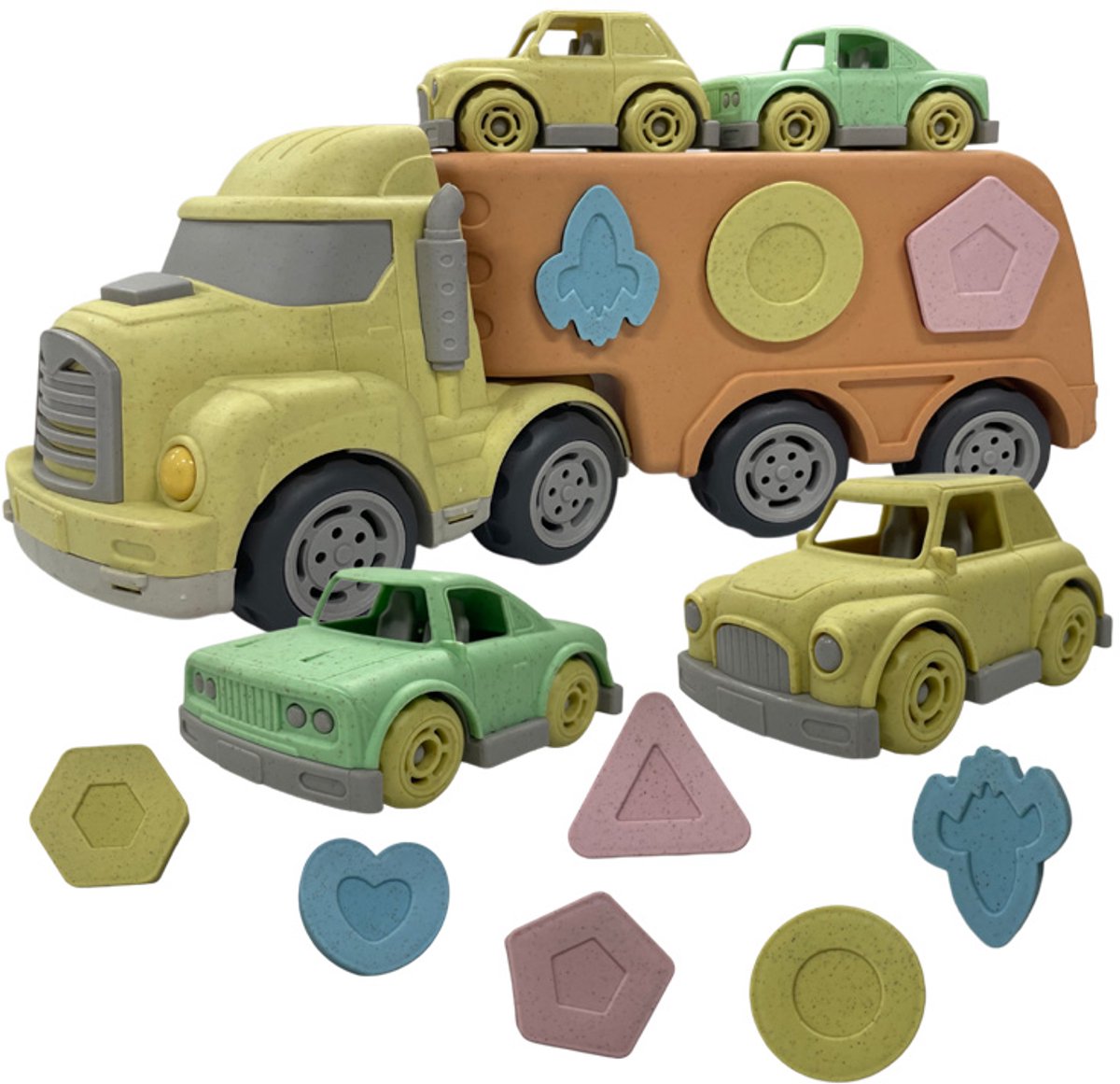 Vrachtwagen met geluid, twee auto's en vormenstoof - speelgoed voor kinderen 1 jaar - 2 jaar - 3 jaar - ONELIV