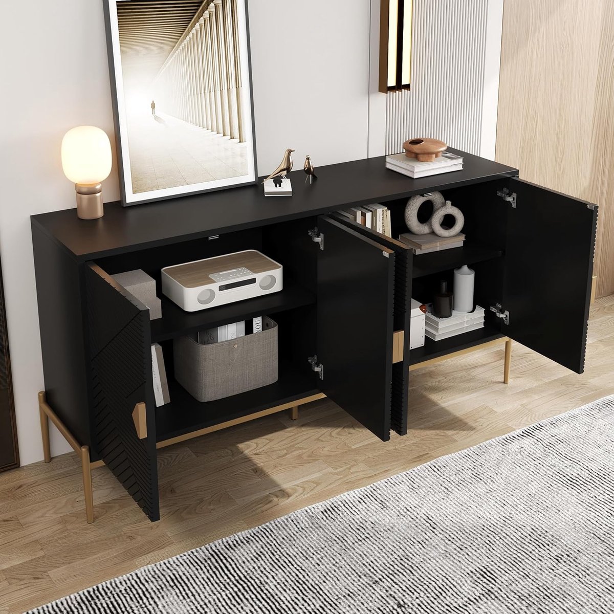 Dressoir met 4 Deuren 162x40x80 cm – Modern Zwart Dressoir met Metalen Poten en Geometrisch Design – Grote Opbergkast voor Woonkamer en Eetkamer – Urbanhome