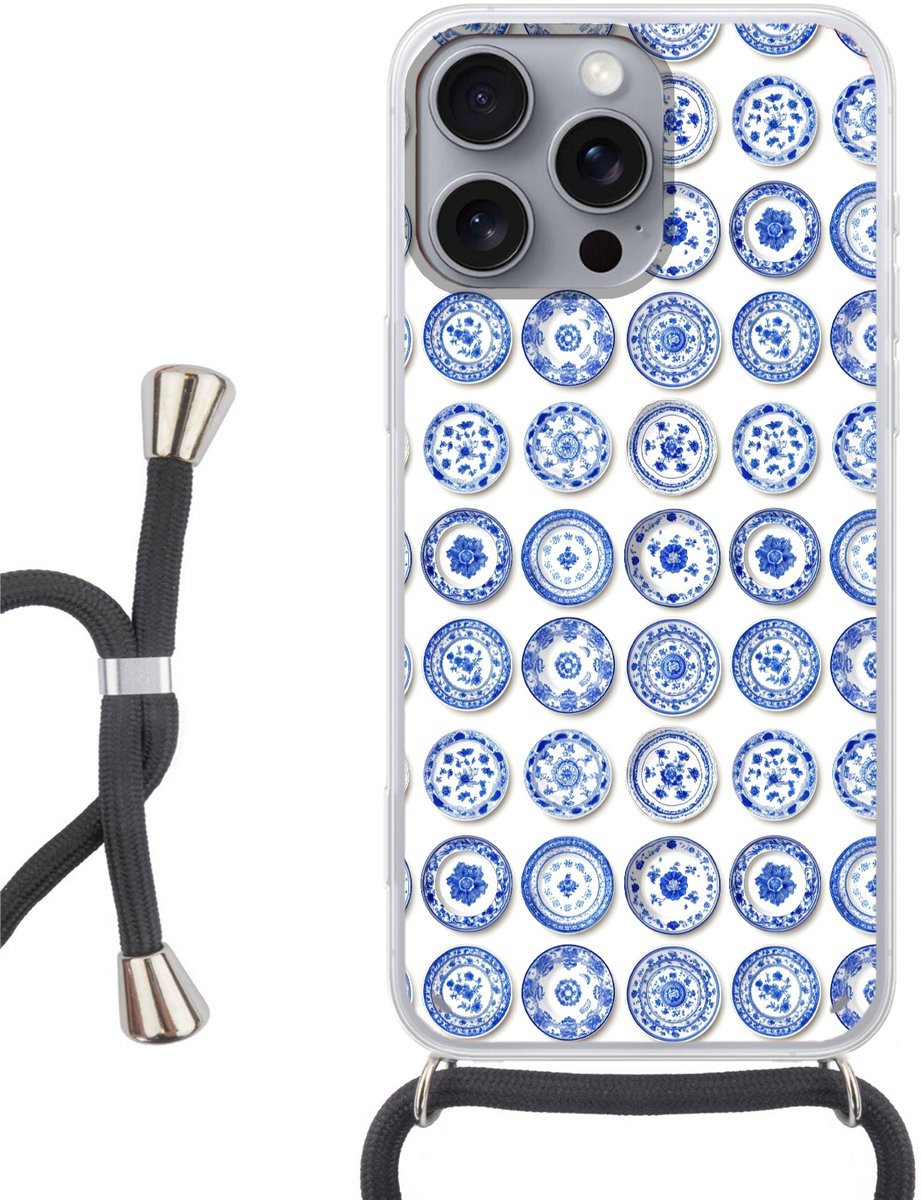 Telefoonhoesje Geschikt voor iPhone 16 Pro Max - Borden - Bloemen - Patroon - Blauw - Siliconen - Crossbody - Backcover met Koord - Telefoonhoesje met koord - Hoesje met touw Telefoonhoesje