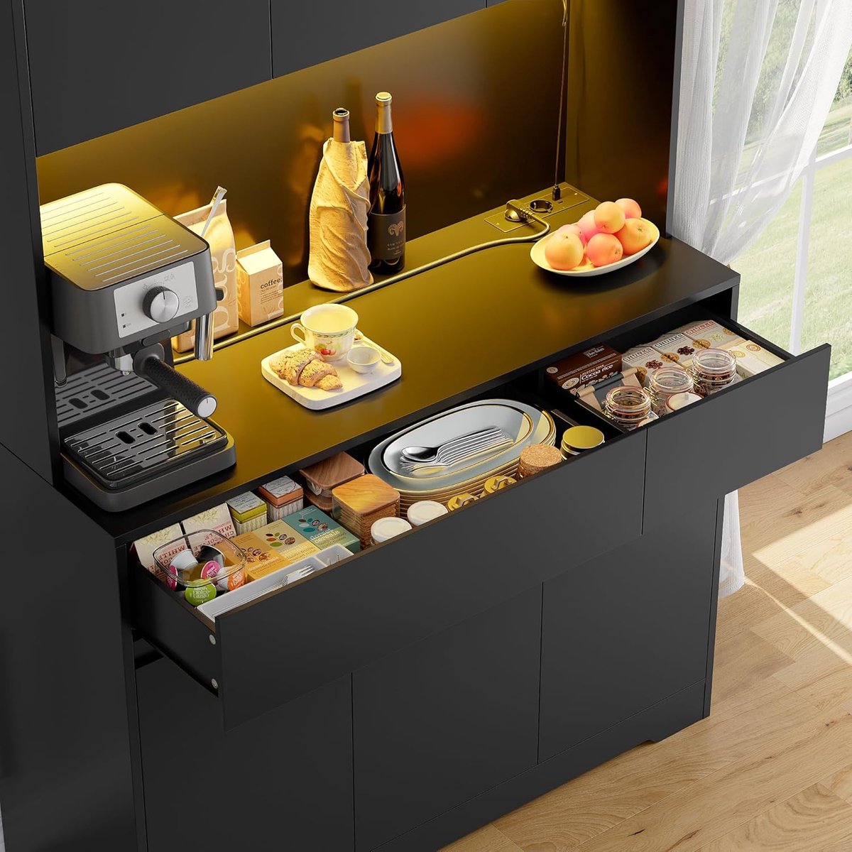 Luxe Multifunctionele Keukenkast met Werkblad, LED Verlichting en Stopcontacten 100 x 38,5 x 180 cm Zwart