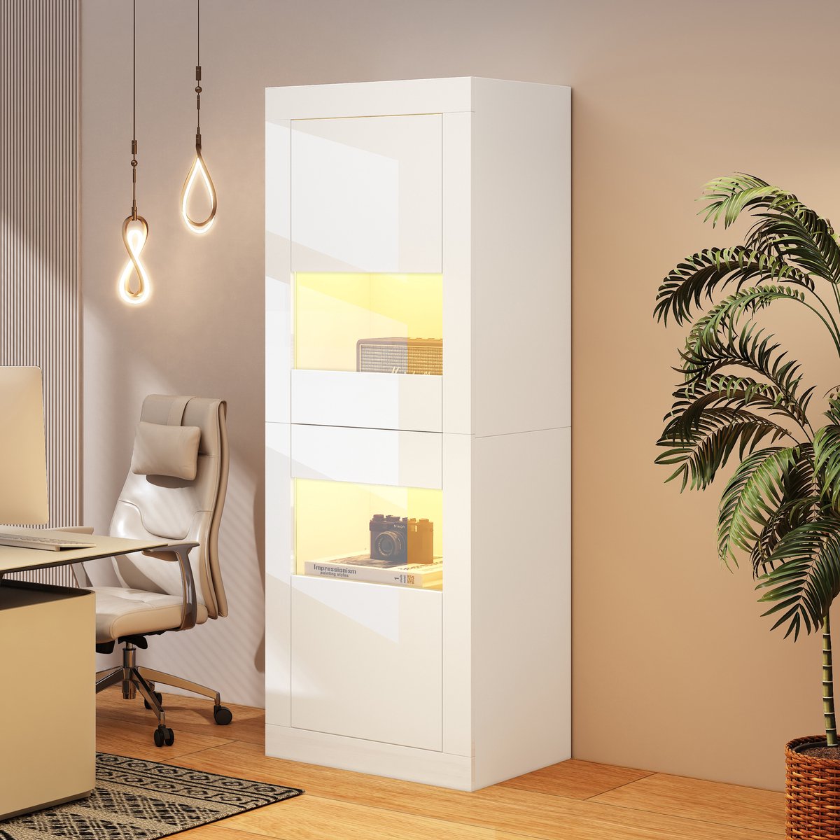 MIVRAY Vitrinekast - Hoogglans Met Ledverlichting En Verstelbare Glasplanken - Voor Woonkamer En Eetkamer - Spaanplaat - 61x42x162 Cm - Wit
