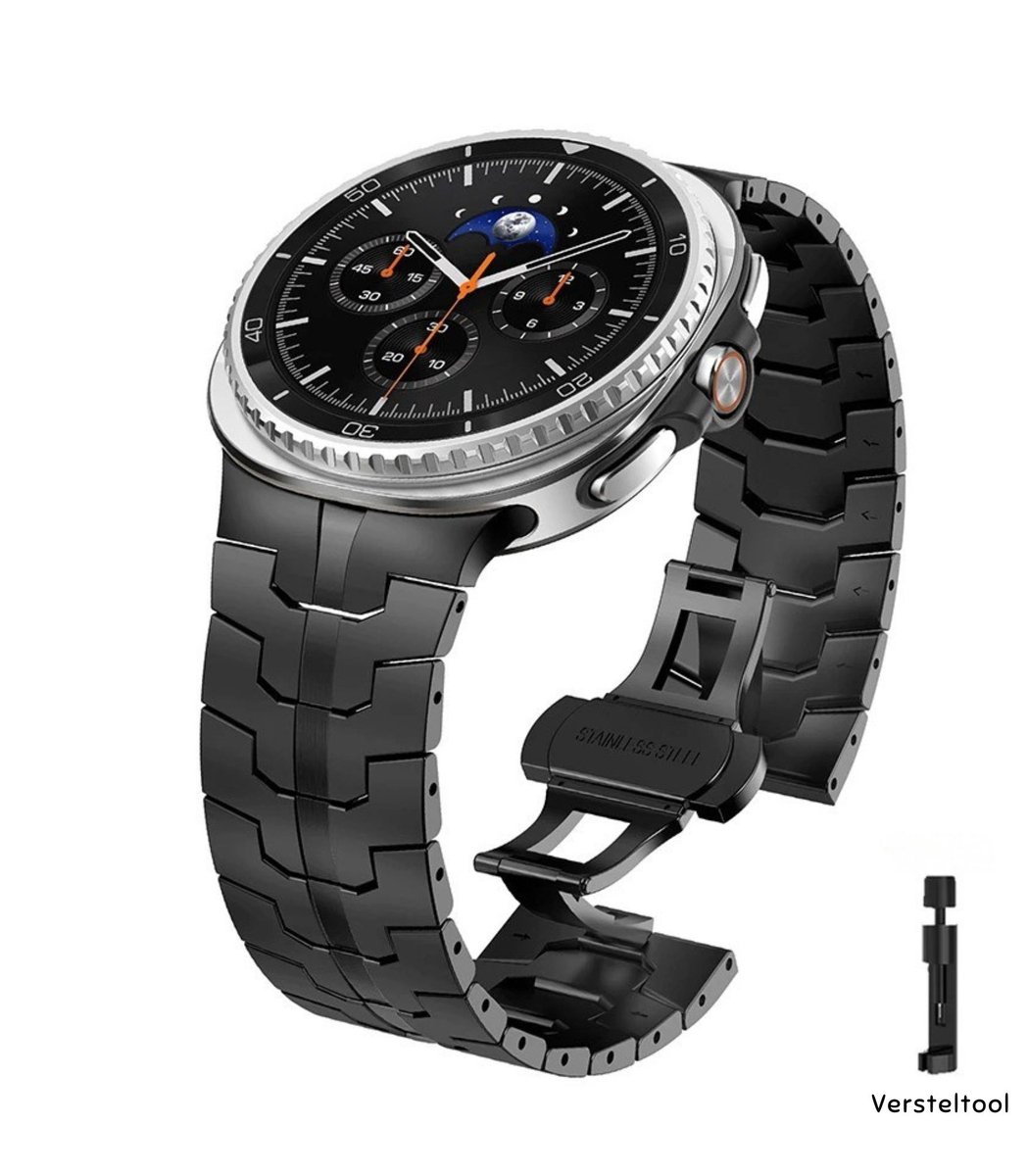 DrPhone Titanium Pro Strap - Metalen Horlogeband - Compatibel voor Samsung Galaxy Watch Ultra 47mm - RVS Titanium - Butterfly Sluiting - Verstelbaar - Zwart