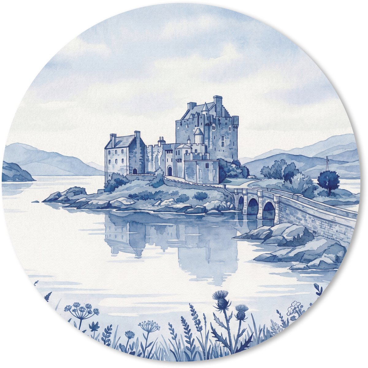 Muismat rond 20x20 cm - Mousepad Schots - Kasteel - Blauw - Aquarel - Ronde muismatten