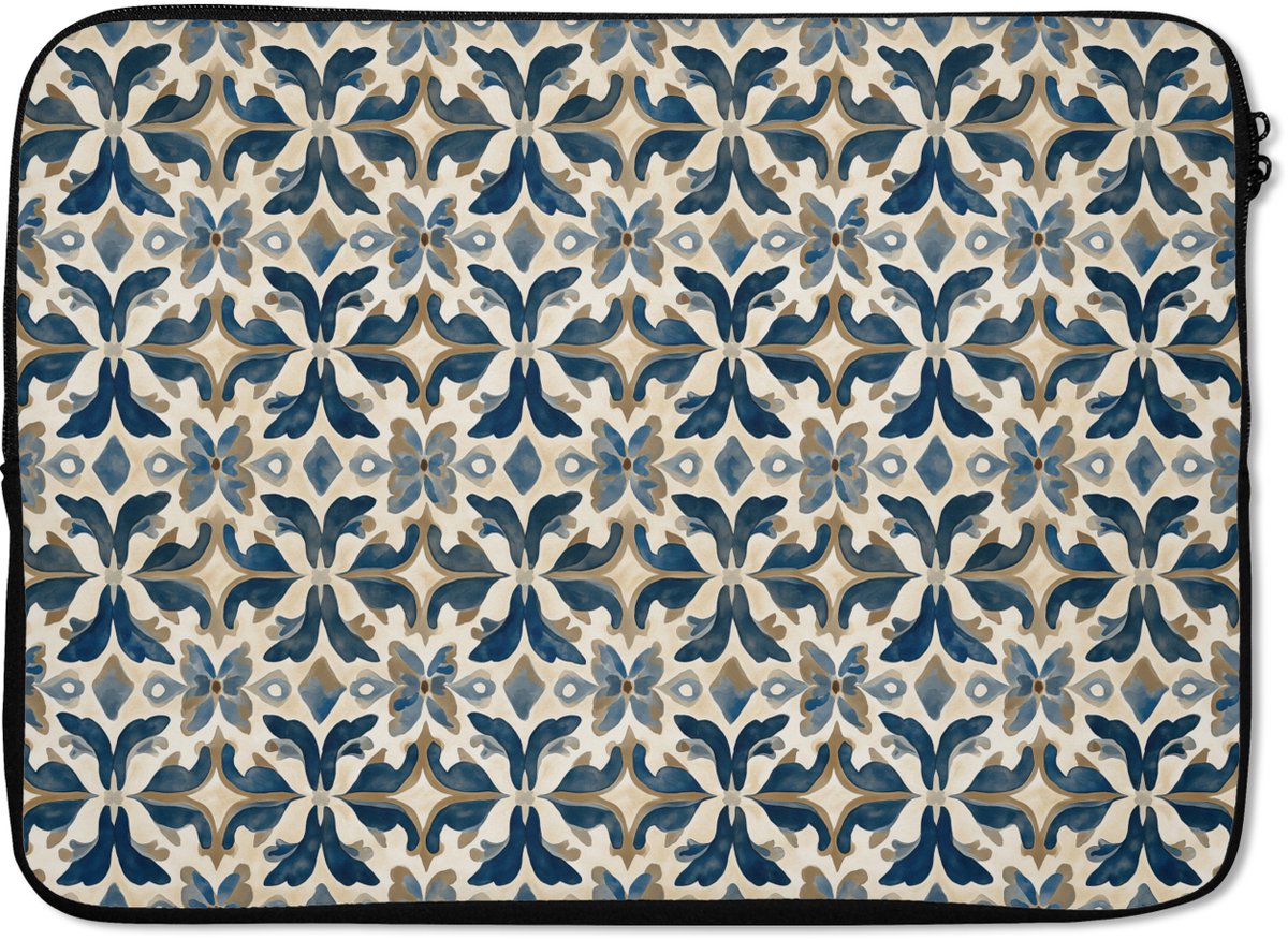 Laptophoes 14 inch - Tegel - Patroon - Blauw - Beige - Laptop sleeve - Binnenmaat 33x23 cm - Zwarte achterkant