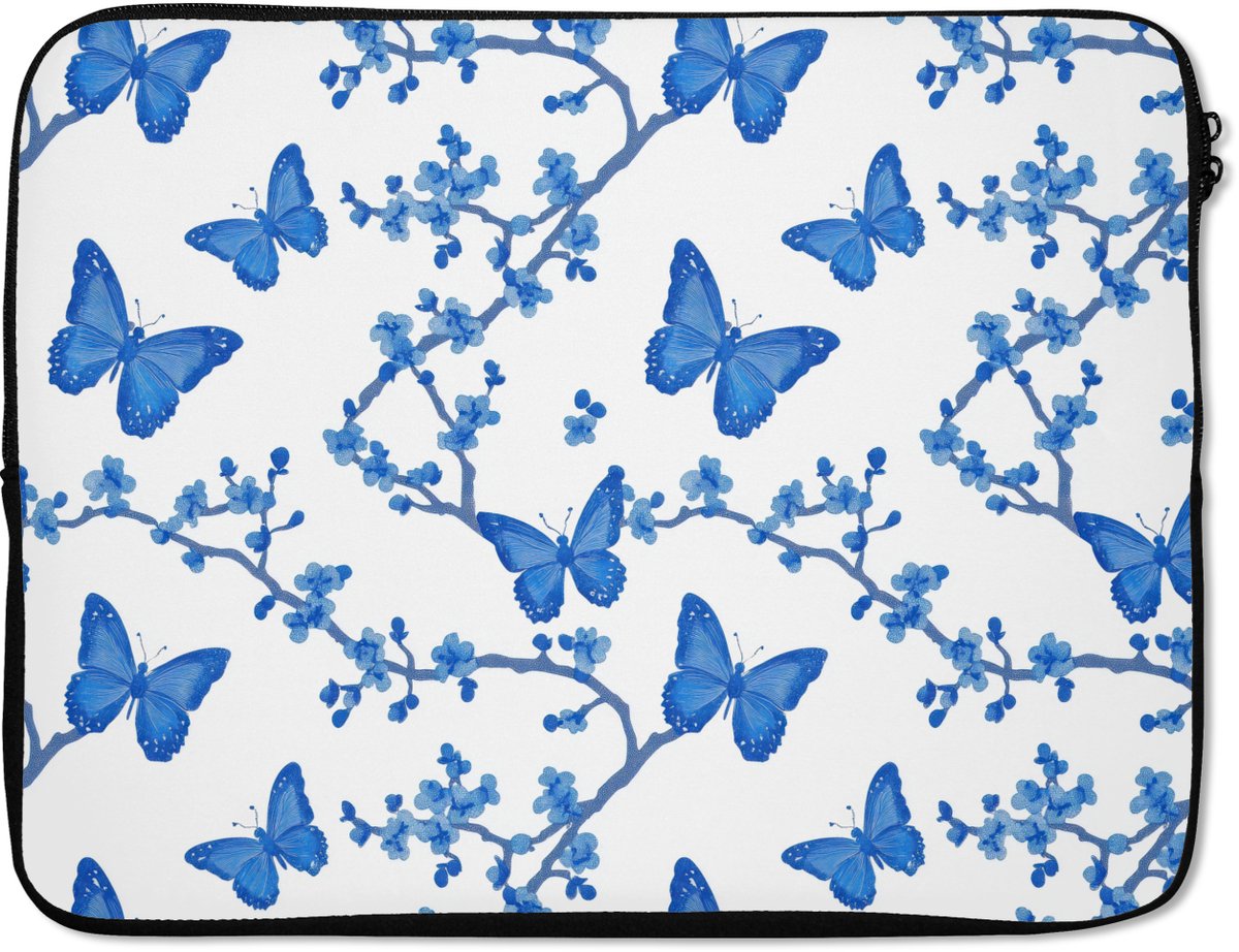 Laptophoes 17 inch - Vlinder - Bloemen - Blauw - Laptop sleeve - Binnenmaat 41x28 cm - Zwarte achterkant